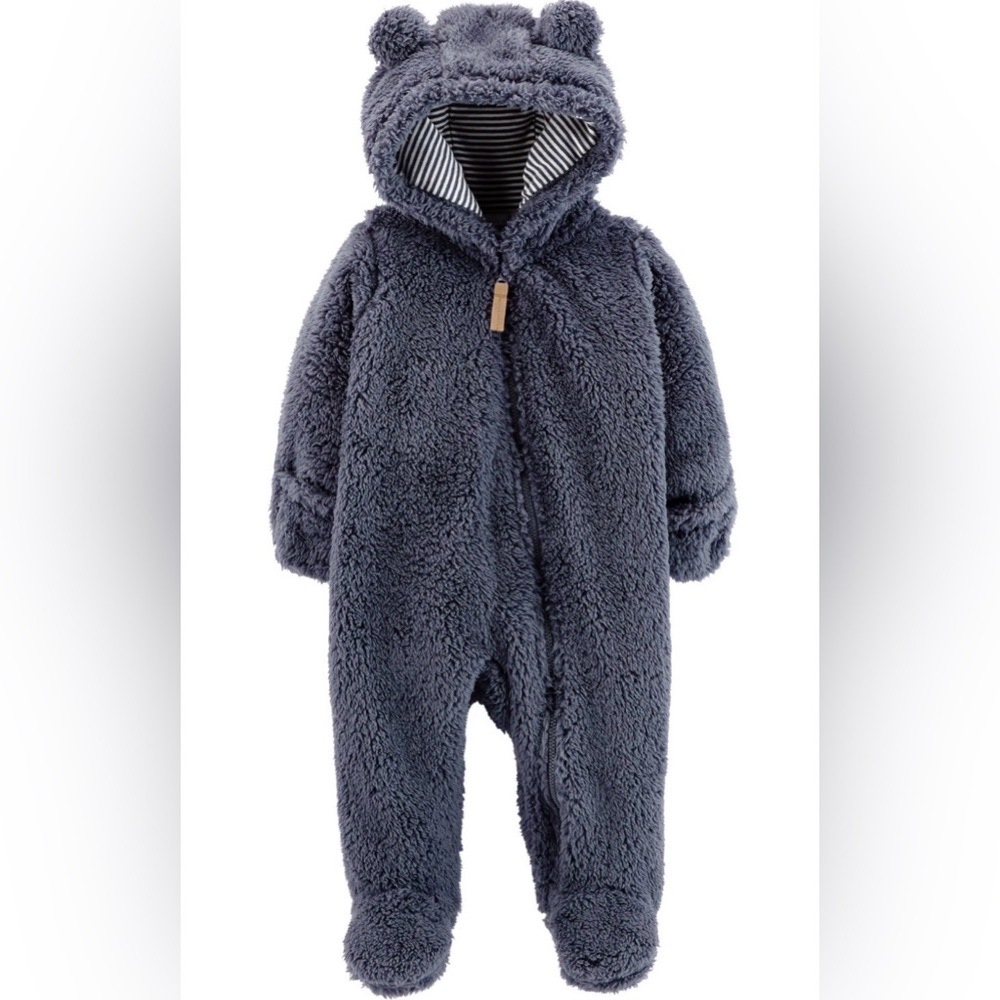 Carter's Charcoal Fuzzy Sherpa Baby Footie Onesie with Bear Ears - 3M